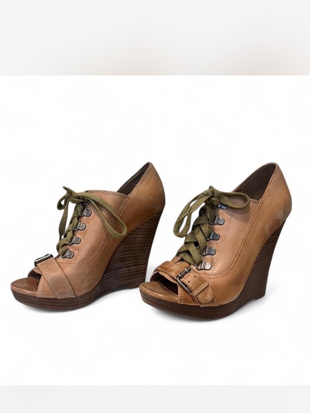 Aldo Tan Leather Peep-Toe Wedge Heels with Olive Laces